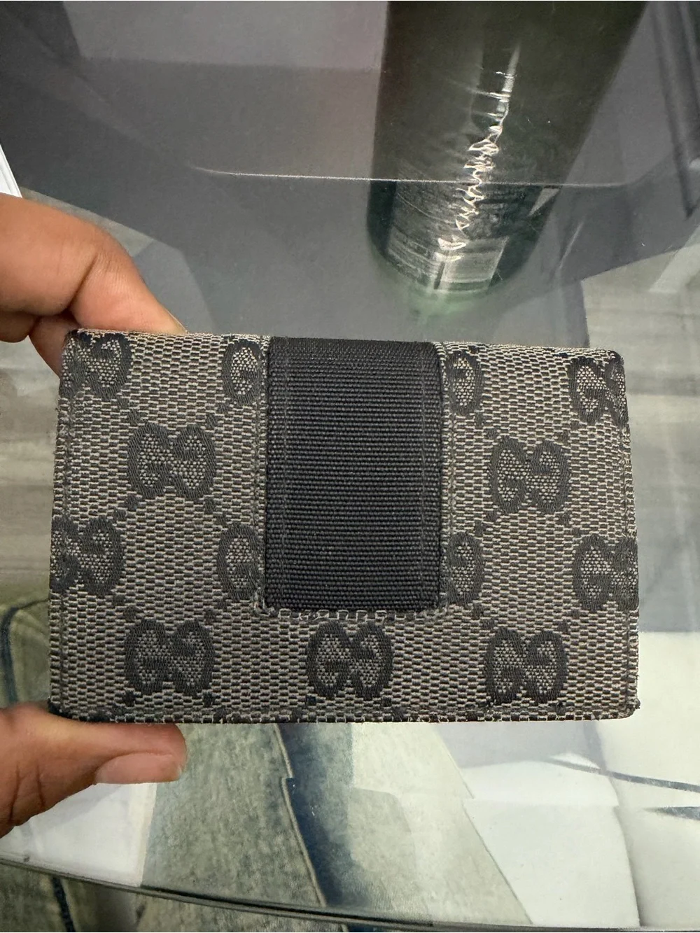 Gucci Brown GG Monogram Canvas Card Sleeve with Black Elastic Strap